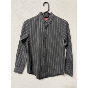 Quiksilver Boys Youth Size 12-14 Black Gray Striped Long Sleeve Button-Up Shirt